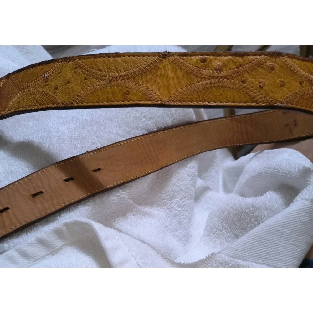 Justin Genuine Ostrich Belt Sz 38 Embroidered Adjustable Belt Brown Aztec Buckle